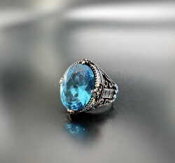 AQUAMARINE ZIRCON SILVER MEN'S RING - 1