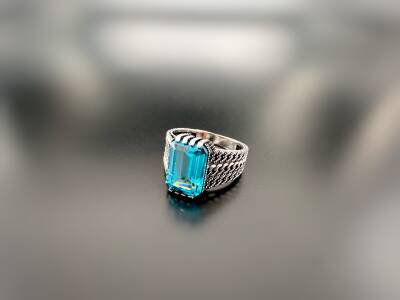 AQUAMARINE STONE SILVER MEN'S RING - 1