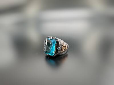 AQUAMARINE ZIRCON STONE SILVER MEN'S RING - 1