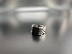 BLACK AGATE STONE SILVER MEN'S RING - 1