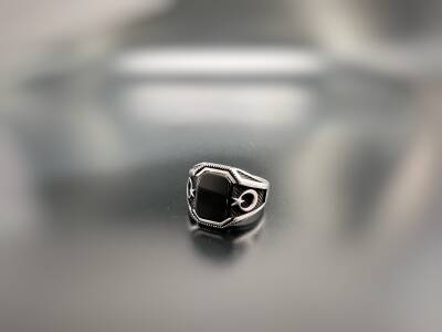 BLACK AGATE STONE SILVER MEN'S RING - 1