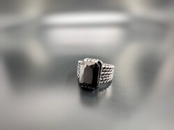 BLACK ZIRCON STONE SILVER MEN'S RING - 1