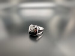 BLACK ZIRCON STONE SILVER MEN'S RING - 1