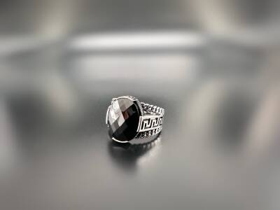 BLACK ZIRCON STONE SILVER MEN'S RING - 1