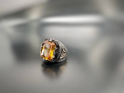 CITRINE ZIRCON STONE SILVER MEN'S RING - 1