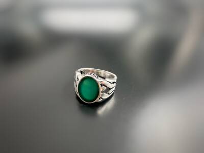 EMERALD AGATE STONE SILVER MEN'S RING - 1