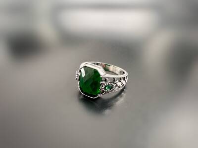 EMERALD ZIRCON STONE SILVER MEN'S RING - 1