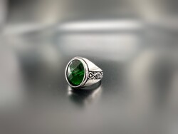 EMERALD ZIRCON STONE SILVER MEN'S RING - 1