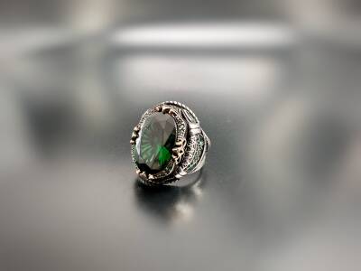 EMERALD ZIRCON STONE SILVER MEN'S RING - 1