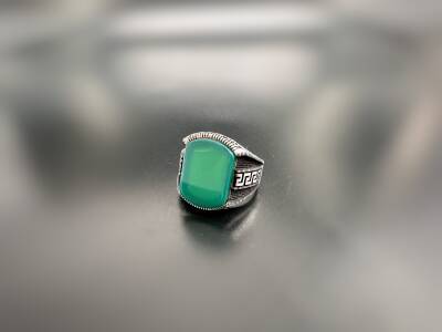 GREEN AGATE STONE SILVER MEN'S RING - 1