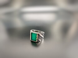 GREEN AGATE STONE SILVER MEN'S RING - 1