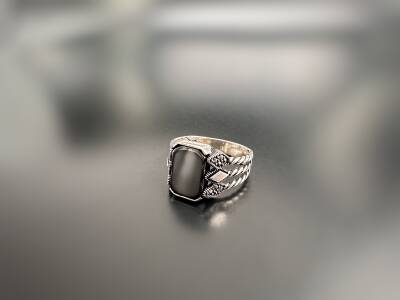 MARCASITE ONYX STONE SILVER MEN'S RING - 1