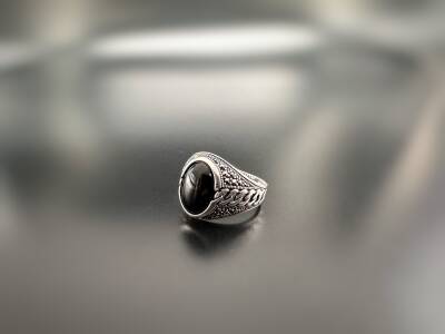 MARCASITE ONYX STONE SILVER MEN'S RING - 1