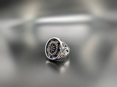 MARCASITE SAPPHIRE STONE SILVER MEN'S RING - 1