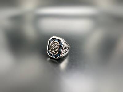 MARCASITE SAPPHIRE STONE SILVER MEN'S RING - 1