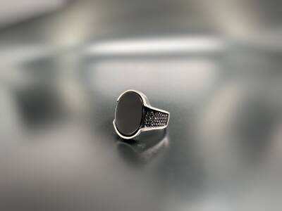 OVAL ONYX STONE SILVER MEN'S RING - 1