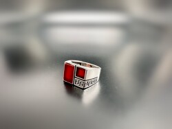 RED AGATE STONE SILVER MEN'S RING - 1