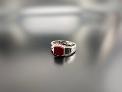 RED AGATE STONE SILVER MEN'S RING - 1