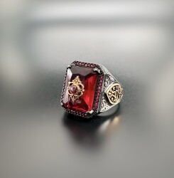 RUBY ZIRCON STONE SILVER MEN'S RING - 1