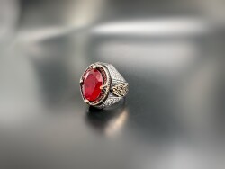 RUBY ZIRCON STONE SILVER MEN'S RING - 1