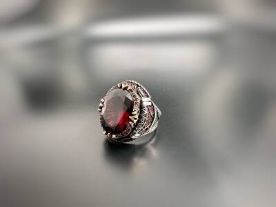 RUBY ZIRCON STONE SILVER MEN'S RING - 1