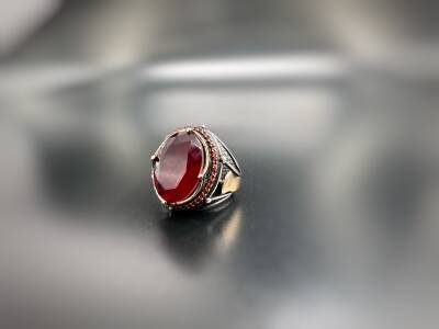 RUBY ZIRCON STONE SILVER MEN'S RING - 1