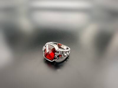 RUBY ZIRCON STONE SILVER MEN'S RING - 1