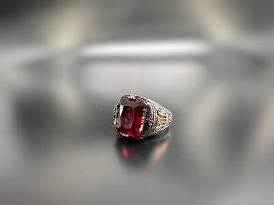 RUBY ZIRCON STONE SILVER MEN'S RING - 1