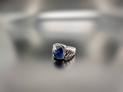 SAPPHIRE ZIRCON STONE SILVER MEN'S RING - 1