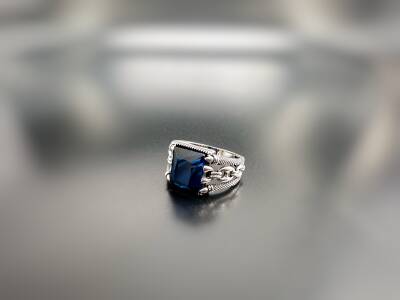 SAPPHIRE ZIRCON STONE SILVER MEN'S RING - 1