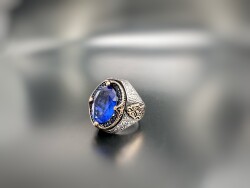 SAPPHIRE ZIRCON STONE SILVER MEN'S RING - 1