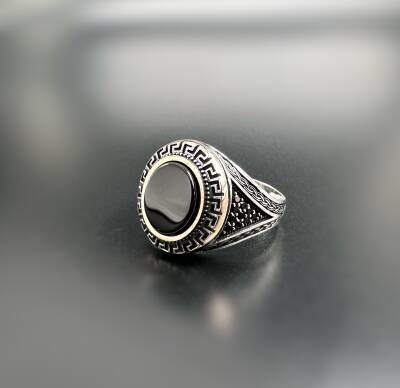 BLACK ZIRCON STONE SILVER MEN'S RING - 1